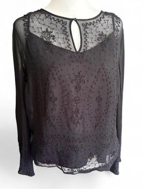 Ice Black Sheer Beaded Long-Sleeve Blouse size large